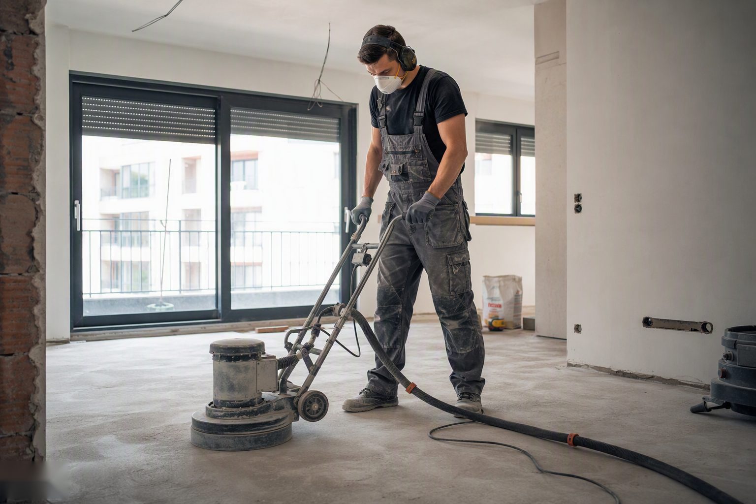 Vakman egaliseert de ondervloer met een vloerschuurmachine