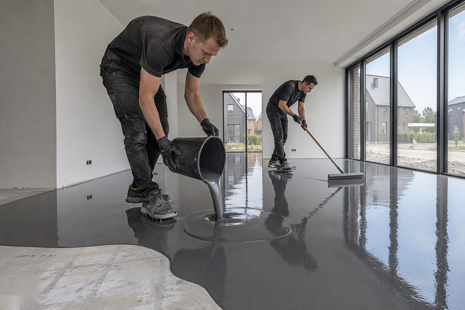 Twee vakmensen gieten en verdelen zelfnivellerende epoxy in een nieuwbouwwoning