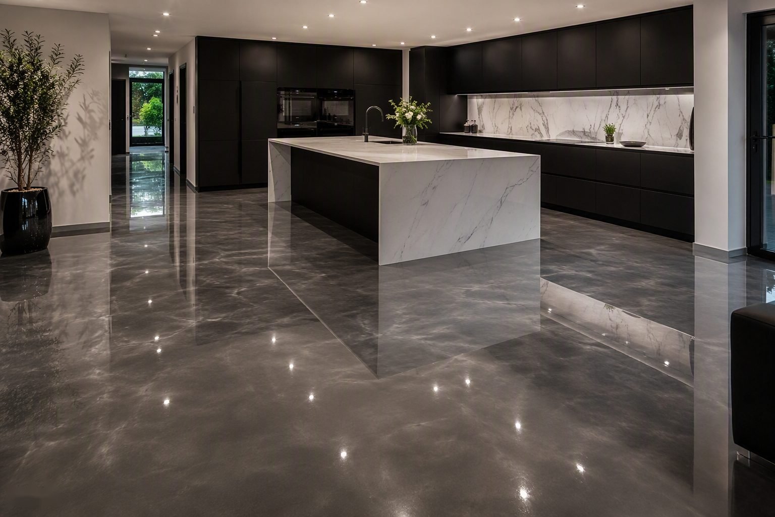 Moderne keuken met antraciete epoxyvloer